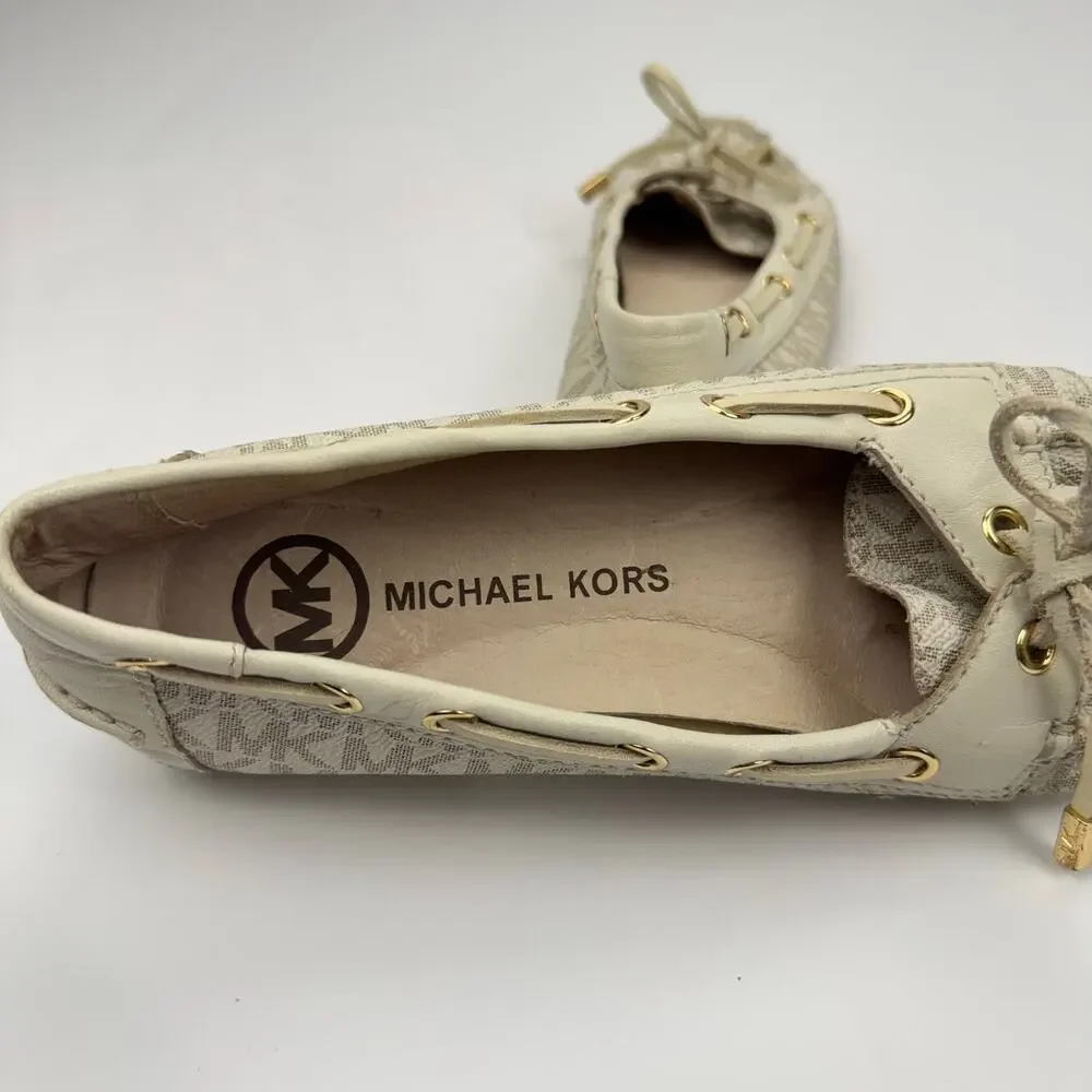 MK Michael Michael Kors Cream Logo Print Bow Moccasins Loafers Flats 7.5 Preppy - Picture 6 of 13